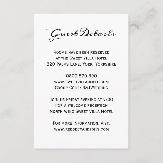 Carte D'accompagnement Classic Elegant Wedding Guest Hotel Details Card (Devant)