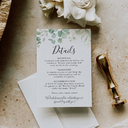 Carte D'accompagnement Classic Eucalyptus Gold Leaf Détails du Mariage