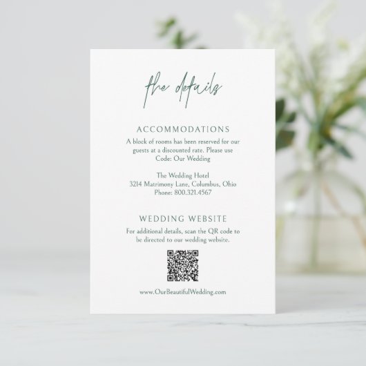 Carte D'accompagnement Classic Forest Green QR Code Mariage élégant (Debout devant)