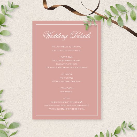Carte D'accompagnement Classic Formal Dusty Rose Script Wedding Details