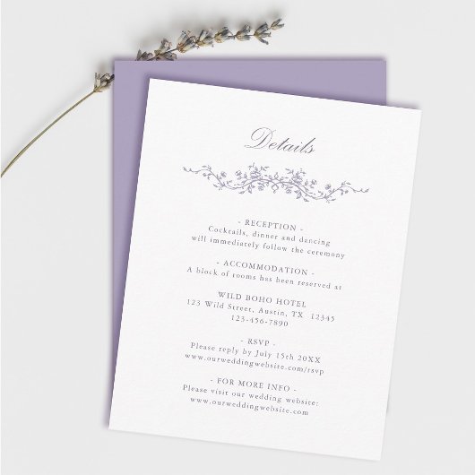Carte D'accompagnement Classic French Victorian Lavender Wedding Details