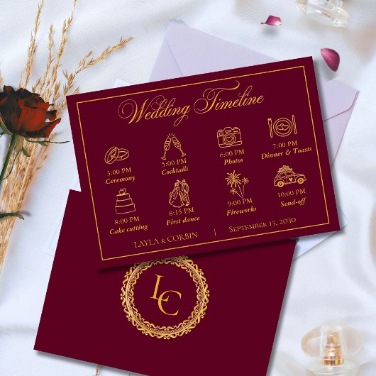 Carte D'accompagnement Classic Gold Frame Royal Monogram Wedding Timeline