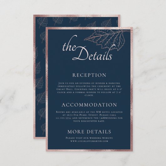 Carte D'accompagnement Classic Marine Matt Rose Gold Feuille Mariage Déta (Devant / Derrière)