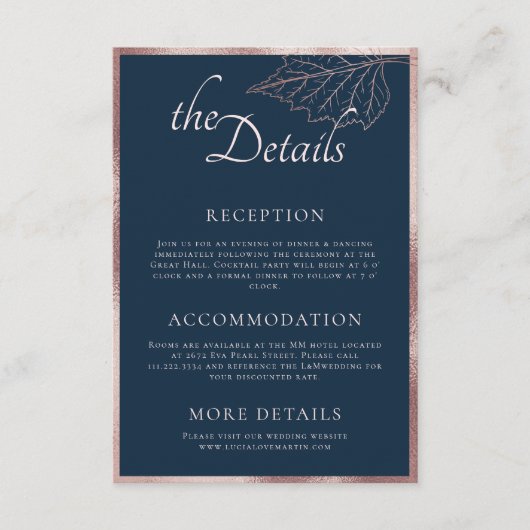 Carte D'accompagnement Classic Marine Matt Rose Gold Feuille Mariage Déta (Devant)
