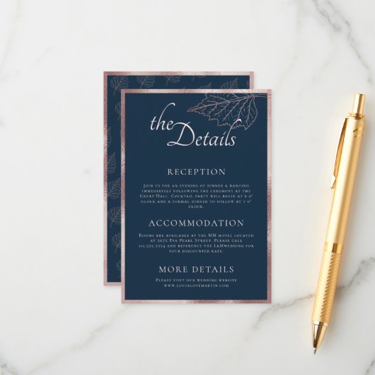 Carte D'accompagnement Classic Marine Matt Rose Gold Feuille Mariage Déta (Devant/Arrière en situation)