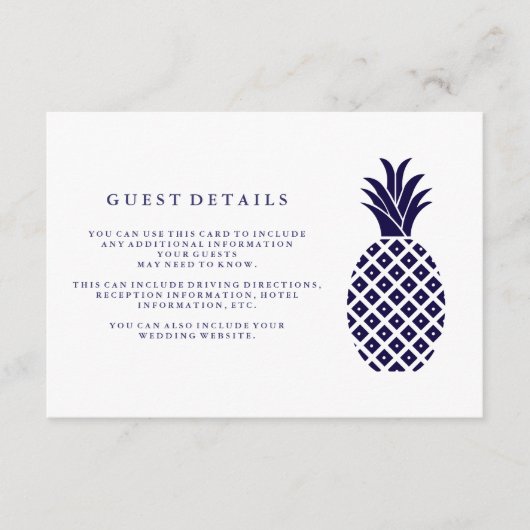 Carte D'accompagnement Classic Navy Pineapple Mariage Détails de l'invité (Devant)