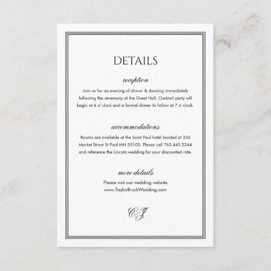 Carte D'accompagnement Classic Old Money Black and White Wedding Details (Devant)