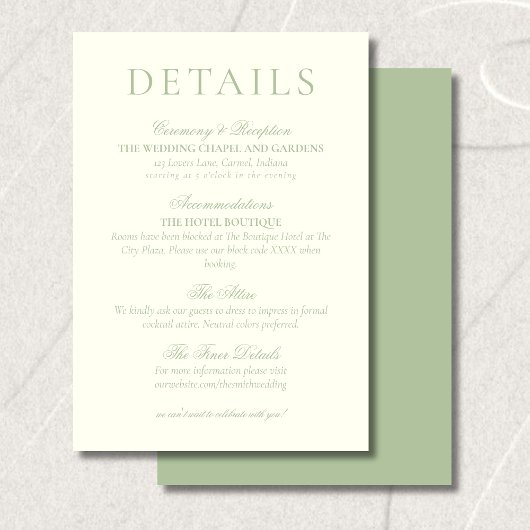 Carte D'accompagnement Classic Sage Green Minimalist Wedding Details
