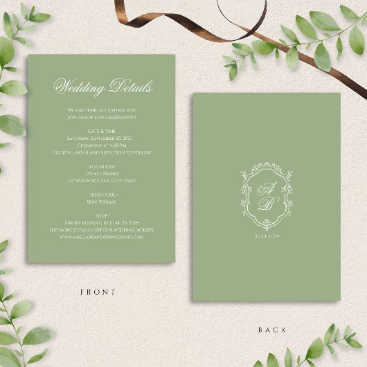 Carte D'accompagnement Classic Sage Green Monogram Crest Wedding Details