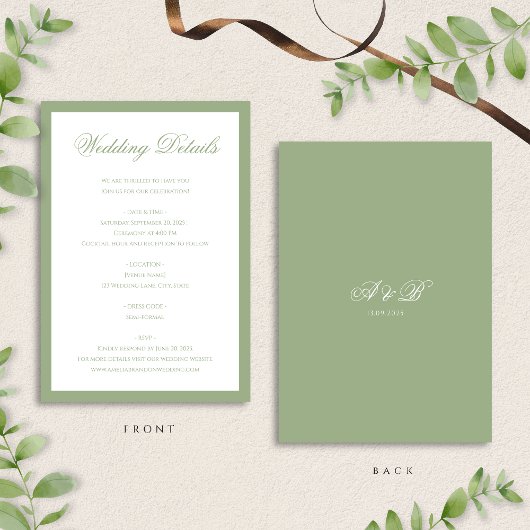 Carte D'accompagnement Classic Sage Green Monogram Script Wedding Details