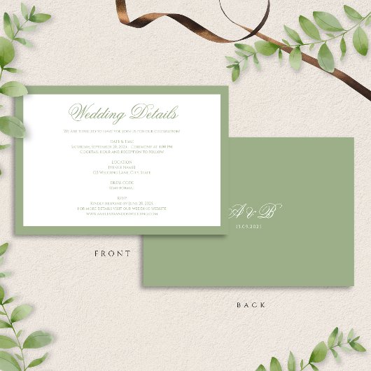 Carte D'accompagnement Classic Sage Green Monogram Script Wedding Details