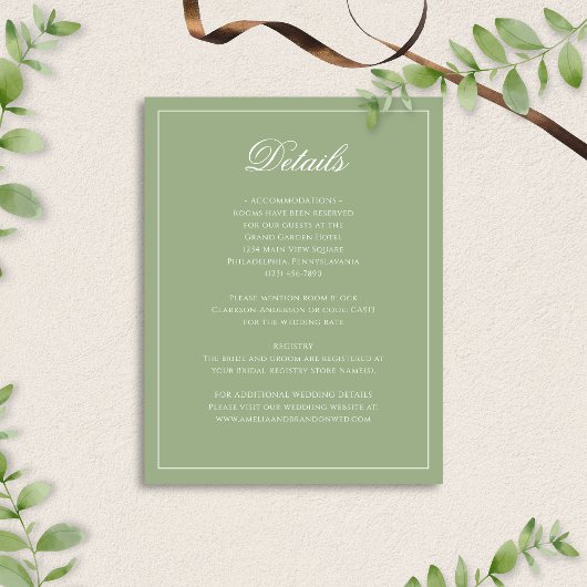 Carte D'accompagnement Classic Sage Green & White Border Wedding Details