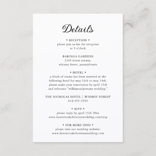 Carte D'accompagnement Classic Script Wedding Details Card (Devant)
