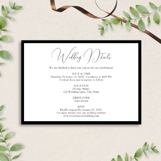 Carte D'accompagnement Classy Black & White Script Border Wedding Details