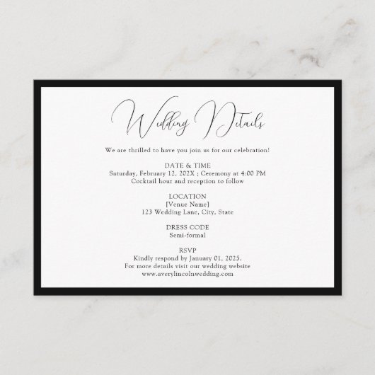 Carte D'accompagnement Classy Black & White Script Border Wedding Details (Devant)