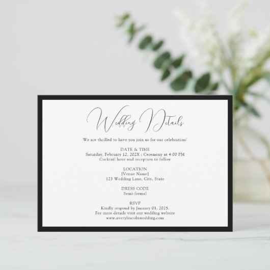 Carte D'accompagnement Classy Black & White Script Border Wedding Details (Debout devant)