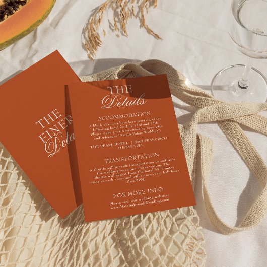 Carte D'accompagnement Classy Burnt Orange Old Money Chic Wedding Details