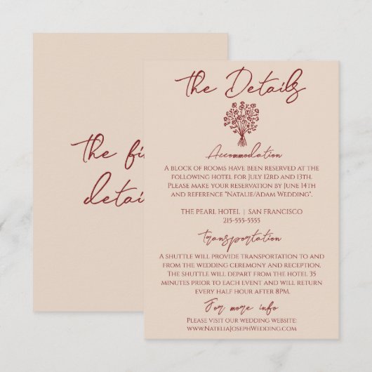 Carte D'accompagnement Classy Deep Red Floral Bouquet Wedding Details (Devant / Derrière)