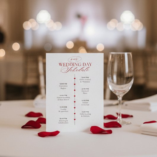 Carte D'accompagnement Classy Red Hearts Wedding Day Schedule Timeline 