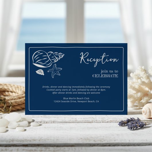 Carte D'accompagnement Coastal Blues Seashell & Script Wedding Reception