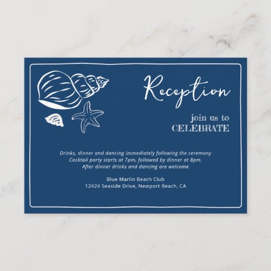 Carte D'accompagnement Coastal Blues Seashell & Script Wedding Reception (Devant)