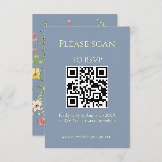 Carte D'accompagnement Code QR bleu Fleur sauvage simple et Mariage RSVP (Devant / Derrière)