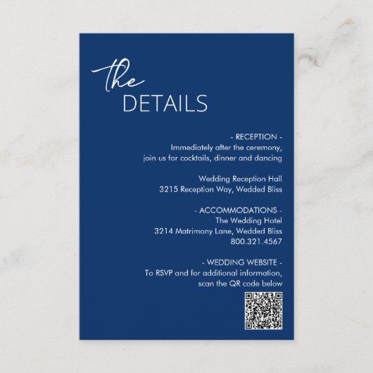 Carte D'accompagnement Code QR bleu marine minimum Mariage moderne (Devant)