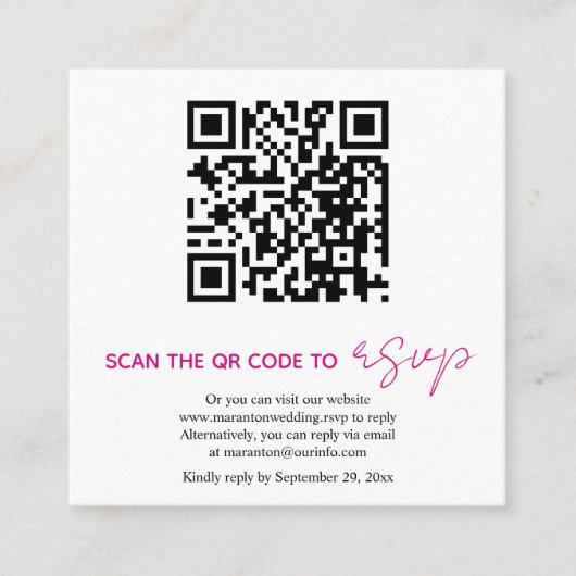 Carte D'accompagnement Code QR calligraphie magenta RSVP photo mariage (Devant)