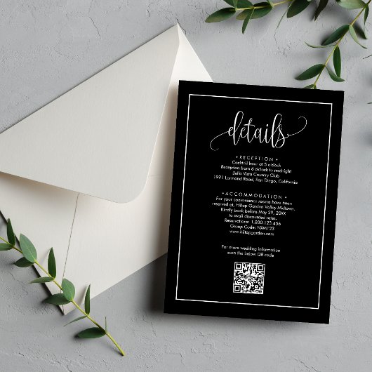 Carte D'accompagnement Code QR calligraphié noir et blanc Détails du mari