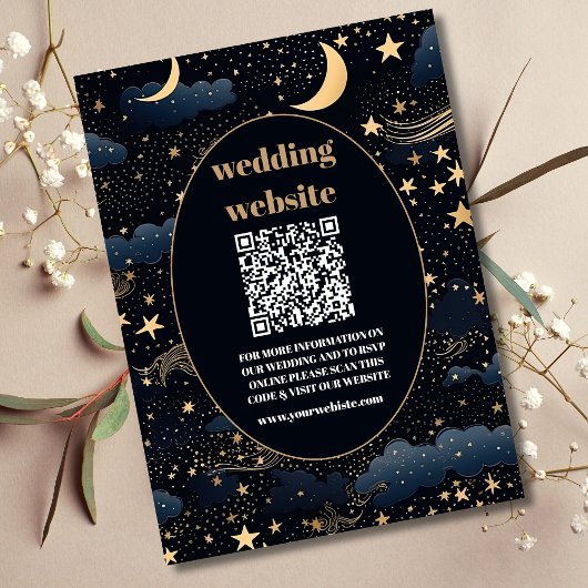 Carte D'accompagnement code QR Céleste Nuit Bleue Étoiles Lune Mariage