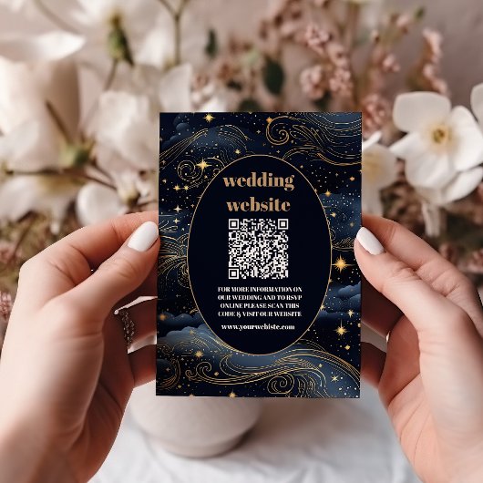 Carte D'accompagnement code qr Céleste Nuit Bleue Étoiles Lune Mariage