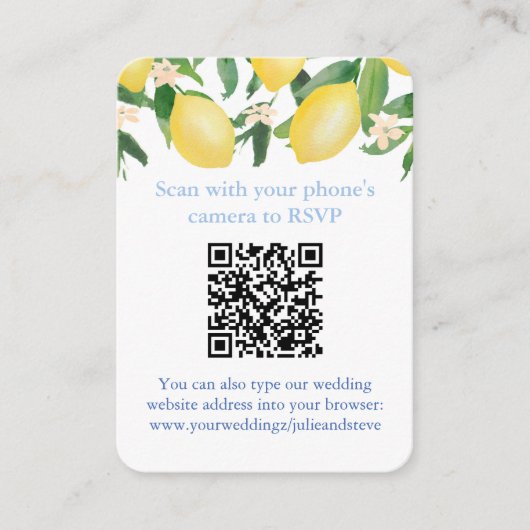 Carte D'accompagnement Code QR Citrons Bleu Et Blanc Mariage RSVP Citron (Devant)