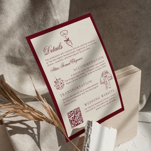 Carte D'accompagnement Code QR classique Détails de mariage Rouge profond