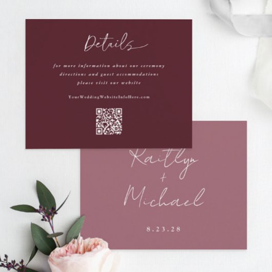 Carte D'accompagnement Code QR de détails de mariage Merlot écriture mode