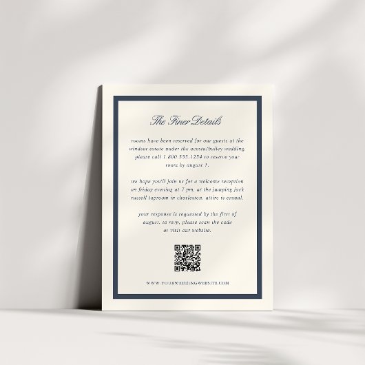Carte D'accompagnement Code QR de détails de mariage Navy Classic Script