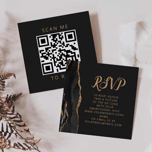 Carte D'accompagnement Code QR de mariage en agate noir Budget RSVP
