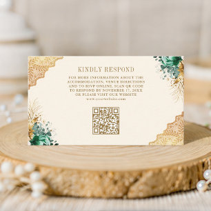Carte D'accompagnement Code QR de mariage en crème de dentelle dorée flor
