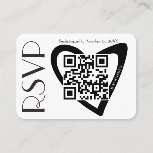 Carte D'accompagnement Code QR de mariage noir blanc cœur RSVP simple (Devant)