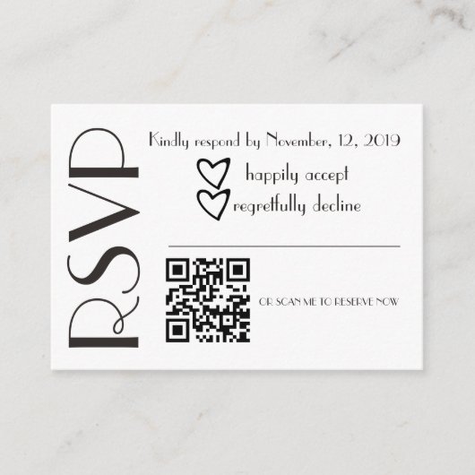Carte D'accompagnement Code QR de mariage noir blanc cœur RSVP simple (Devant)