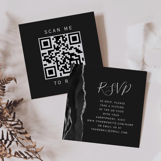 Carte D'accompagnement Code QR de mariage sombre Black Silver Agate RSVP