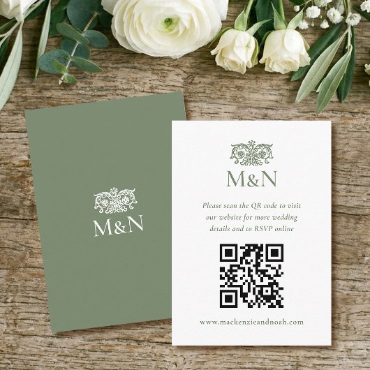 Carte D'accompagnement Code QR de monogramme de mariage RSVP élégant vert
