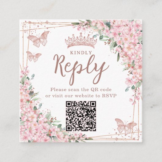 Carte D'accompagnement Code QR de Quinceanera Fleurs de Cerisier Or Rose (Devant)