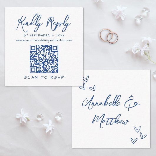 Carte D'accompagnement Code QR de réponse de mariage bleu à script minima