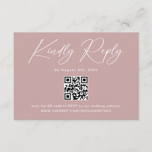 Carte D'accompagnement Code QR de réponse de mariage élégant Rose Poussié (Devant)