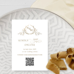 Carte D'accompagnement Code QR de réponse élégant blanc et or avec monogr