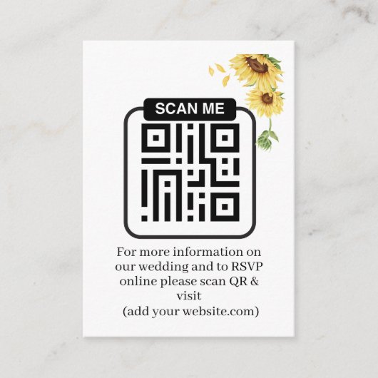 Carte D'accompagnement Code QR de réponse pour un mariage aux tournesols (Devant)