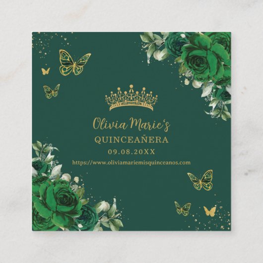 Carte D'accompagnement Code QR de RSVP de Quinceanera papillons vert émer (Dos)