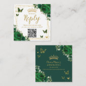 Carte D'accompagnement Code QR de RSVP de Quinceanera papillons vert émer (Devant / Derrière)