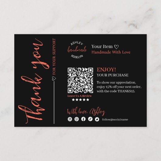 Carte D'accompagnement Code QR de script moderne noir, Merci Business (Dos)