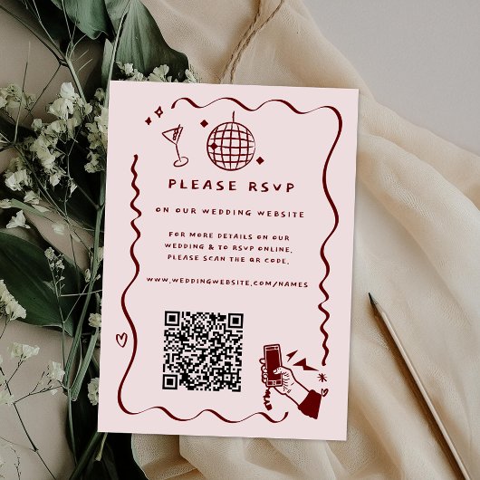 Carte D'accompagnement Code QR de site Web de mariage | Doodle Rétro Fant